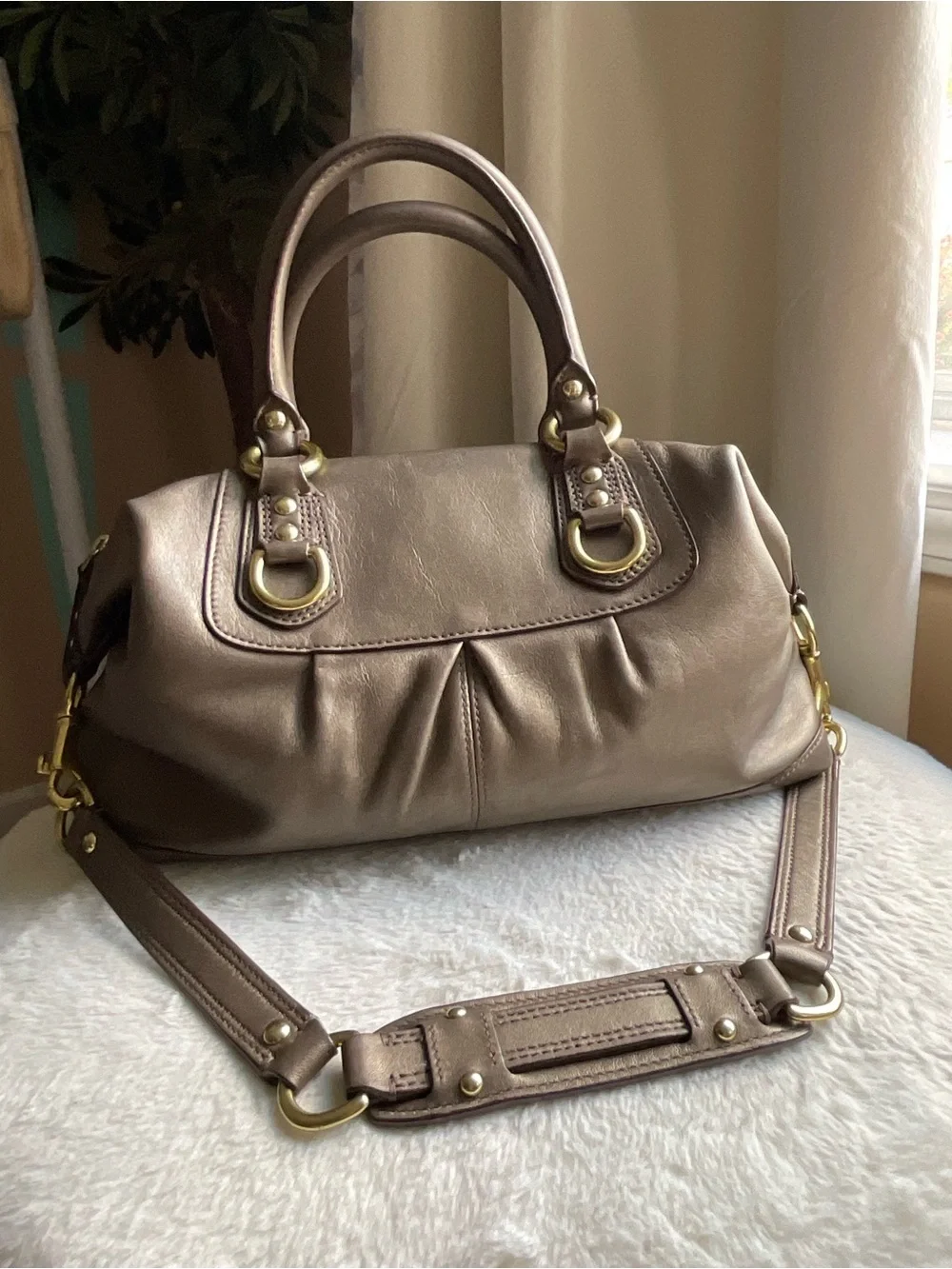 Coach Metallic Taupe Leather Satchel with Gold Hardware
